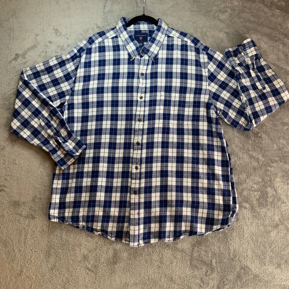 Saddlebred Mens XXL Blue White Plaid Flannel Shirt Long Sleeve Cotton